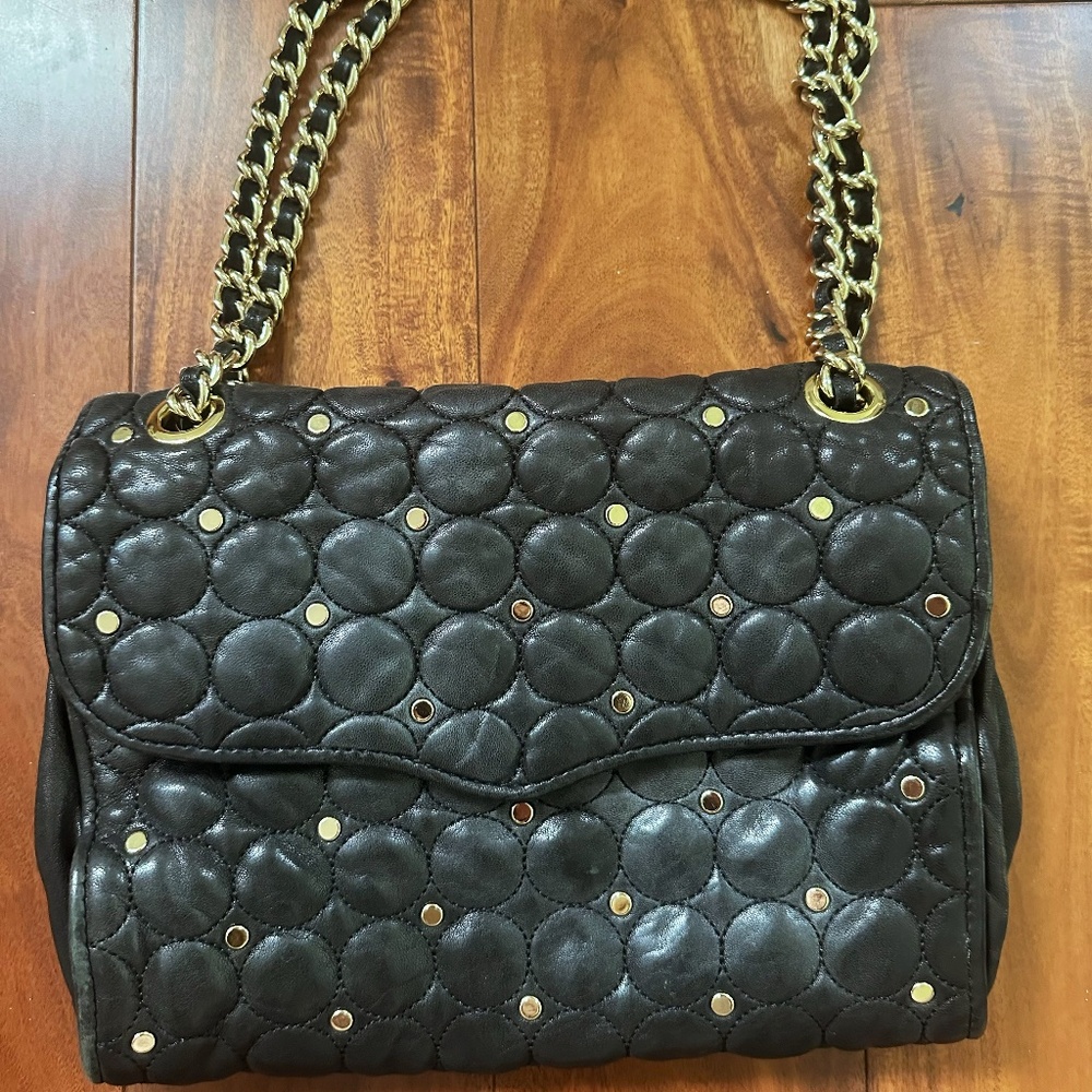 Rebecca Minkoff Black Leather Shoulder Bag with Gold Stud